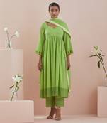Anarkali kurta, crop pants with lace inserts, and green cotton dupatta