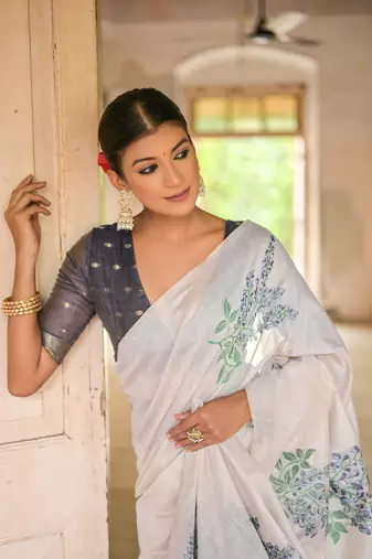 Blue Muga Cotton Floral Printed Pallu And Contrast Border Saree With Blouse For Women