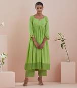 Anarkali kurta and crop pants with lace inserts in green cotton