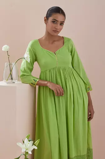 Anarkali kurta and crop pants with lace inserts in green cotton