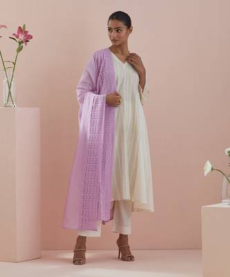 Anarkali kurta in textured cotton with solid pants in off white & pink chanderi dupatta 1
