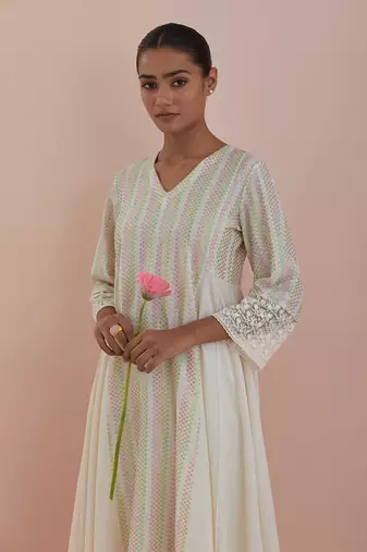 Anarkali kurta in textured cotton with solid pants in off white & pink chanderi dupatta