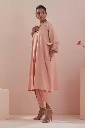 peach  kaftan style kurta with dhoti salwar