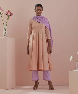 peach textured cotton anarkali in with solid pink pants and pink chanderi silk dupatta 1