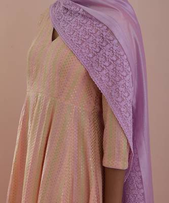 peach textured cotton anarkali in with solid pink pants and pink chanderi silk dupatta 2