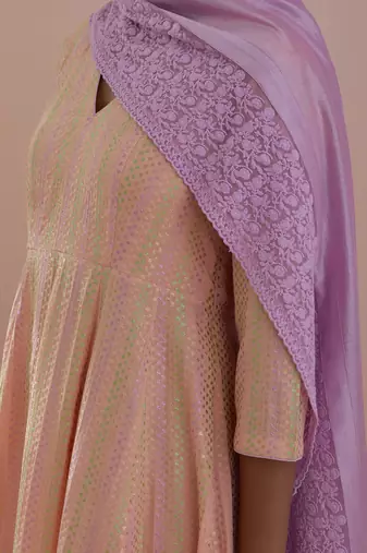 peach textured cotton anarkali in with solid pink pants and pink chanderi silk dupatta