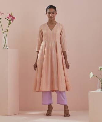 Textured cotton anarkali in peach with solid pink pants 1