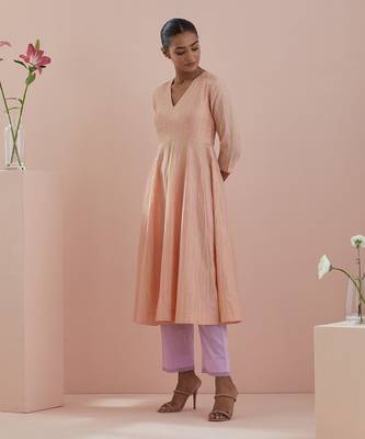 Textured cotton anarkali in peach with solid pink pants 2
