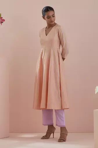 Textured cotton anarkali in peach with solid pink pants