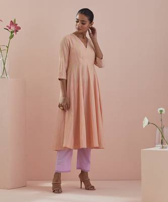 Textured cotton anarkali in peach with solid pink pants 3