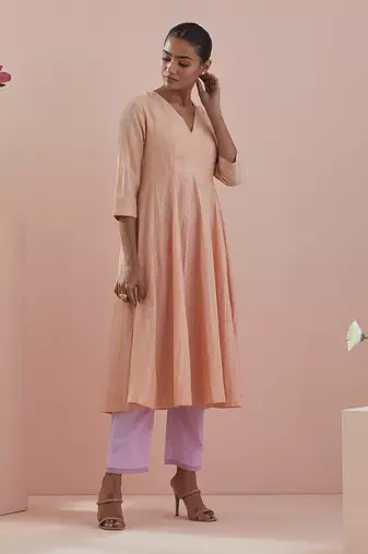 Textured cotton anarkali in peach with solid pink pants