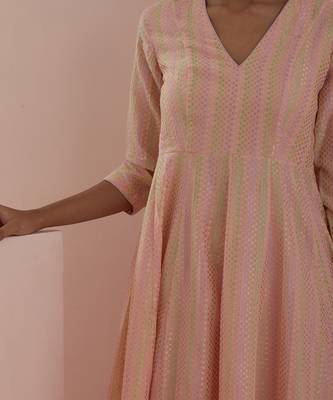 Textured cotton anarkali in peach with solid pink pants 4