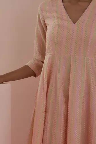 Textured cotton anarkali in peach with solid pink pants