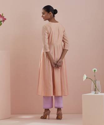 Textured cotton anarkali in peach with solid pink pants 5