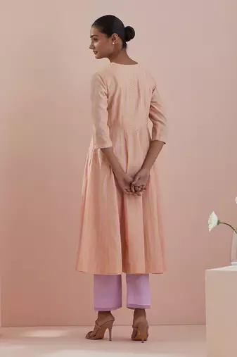 Textured cotton anarkali in peach with solid pink pants