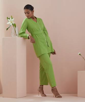 Green co-ord set - front open tunic with pants in green cotton 2