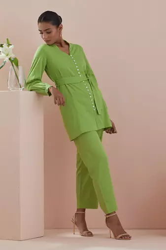 Green co-ord set - front open tunic with pants in green cotton