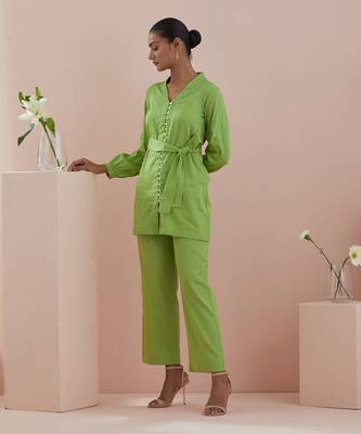 Green co-ord set - front open tunic with pants in green cotton 3