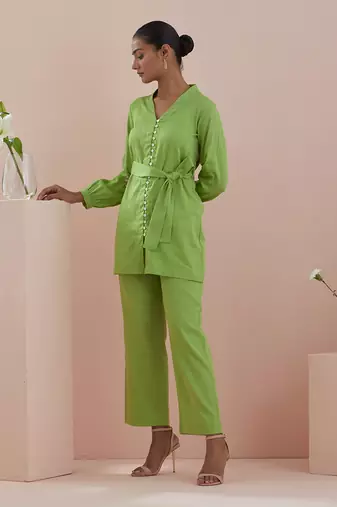 Green co-ord set - front open tunic with pants in green cotton