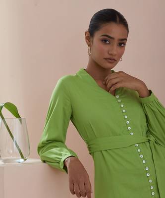 Green co-ord set - front open tunic with pants in green cotton 4