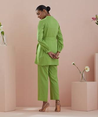 Green co-ord set - front open tunic with pants in green cotton 5