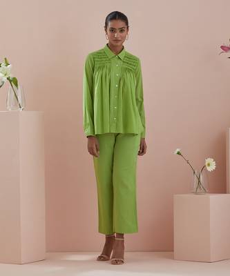 Green co-ord set - green cotton shirt with pin tuck details and pants 1