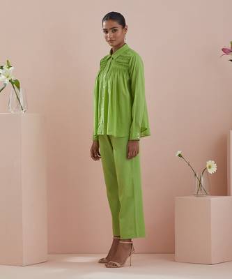 Green co-ord set - green cotton shirt with pin tuck details and pants 2