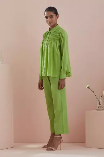 Green co-ord set - green cotton shirt with pin tuck details and pants