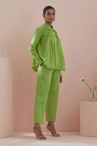 Green co-ord set - green cotton shirt with pin tuck details and pants