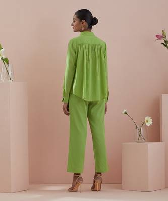 Green co-ord set - green cotton shirt with pin tuck details and pants 4