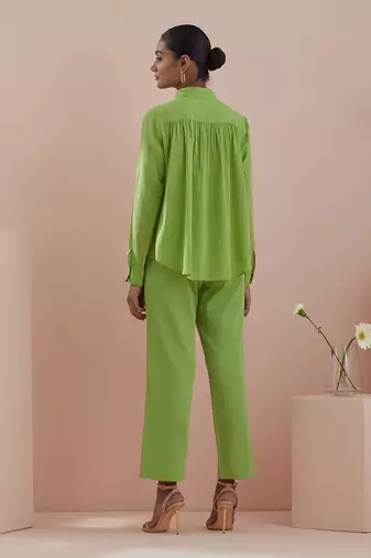 Green co-ord set - green cotton shirt with pin tuck details and pants