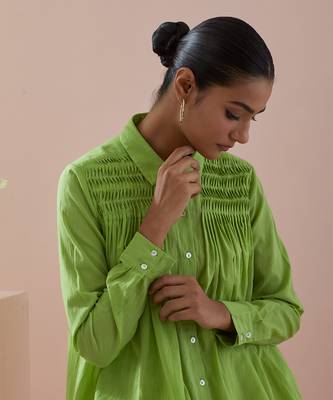 Green co-ord set - green cotton shirt with pin tuck details and pants 5