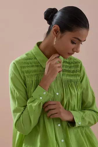 Green co-ord set - green cotton shirt with pin tuck details and pants