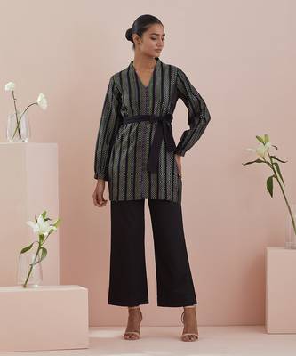 Black co-ord set - front open tunic in textured cotton with black pants 1