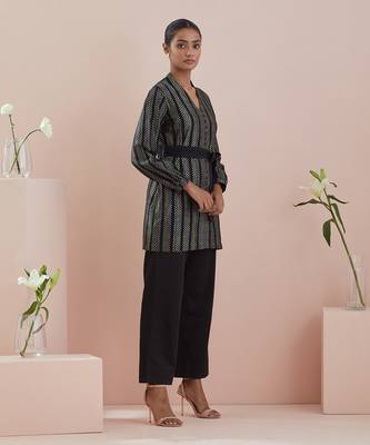 Black co-ord set - front open tunic in textured cotton with black pants 2