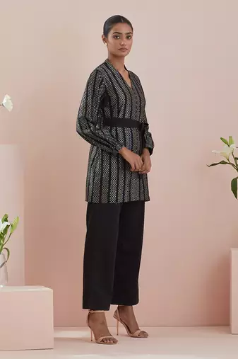 Black co-ord set - front open tunic in textured cotton with black pants
