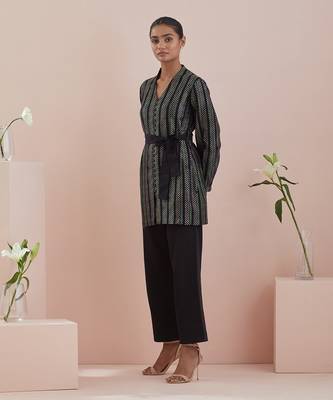 Black co-ord set - front open tunic in textured cotton with black pants 3