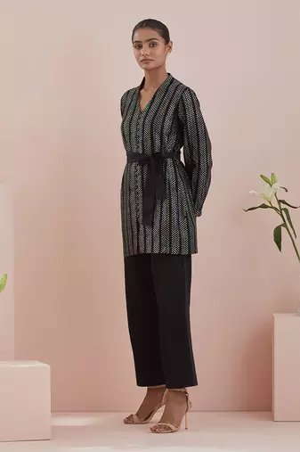 Black co-ord set - front open tunic in textured cotton with black pants