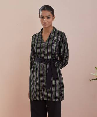 Black co-ord set - front open tunic in textured cotton with black pants 4