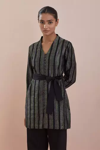 Black co-ord set - front open tunic in textured cotton with black pants