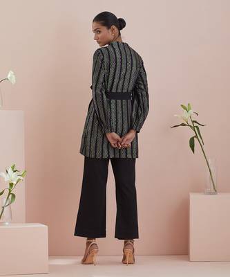 Black co-ord set - front open tunic in textured cotton with black pants 5