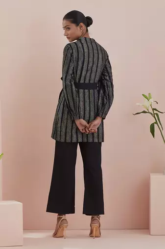 Black co-ord set - front open tunic in textured cotton with black pants