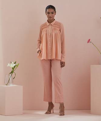 Peach co-ord set - shirt with pin tuck details and pants in peach 1