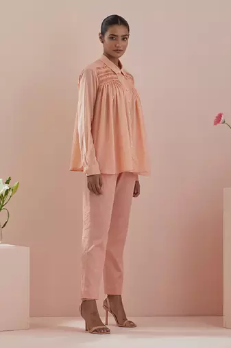 Peach co-ord set - shirt with pin tuck details and pants in peach