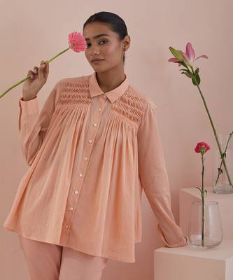 Peach co-ord set - shirt with pin tuck details and pants in peach 3