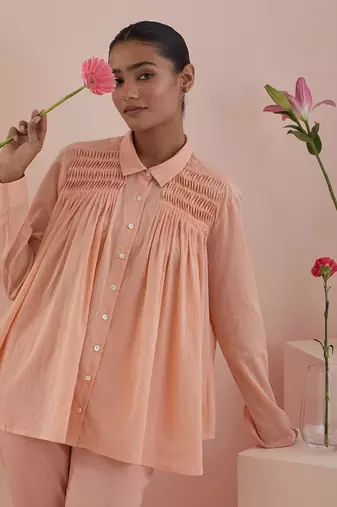Peach co-ord set - shirt with pin tuck details and pants in peach