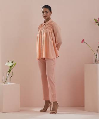 Peach co-ord set - shirt with pin tuck details and pants in peach 4