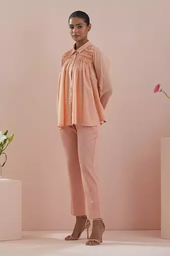 Peach co-ord set - shirt with pin tuck details and pants in peach