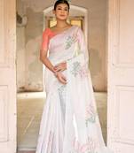 Peach Muga Cotton Floral Printed Pallu And Contrast Border Saree With Blouse For Women