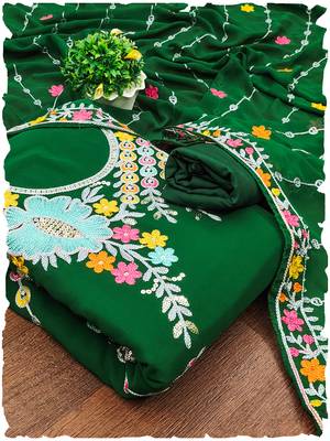 Dark Green Georgette Sequin & Floral Pattern Multicolor Thread Work Kurta Bottom Dupatta Set Dress Material 1